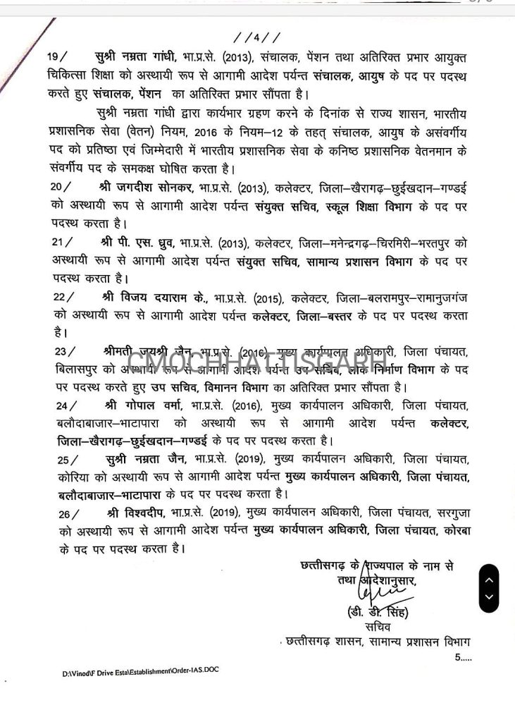 छत्तीसगढ़ ब्रेकिंग : बड़ी प्रशासनिक सर्जरी 26 IAS अधिकारियों की हुई तबादला…..